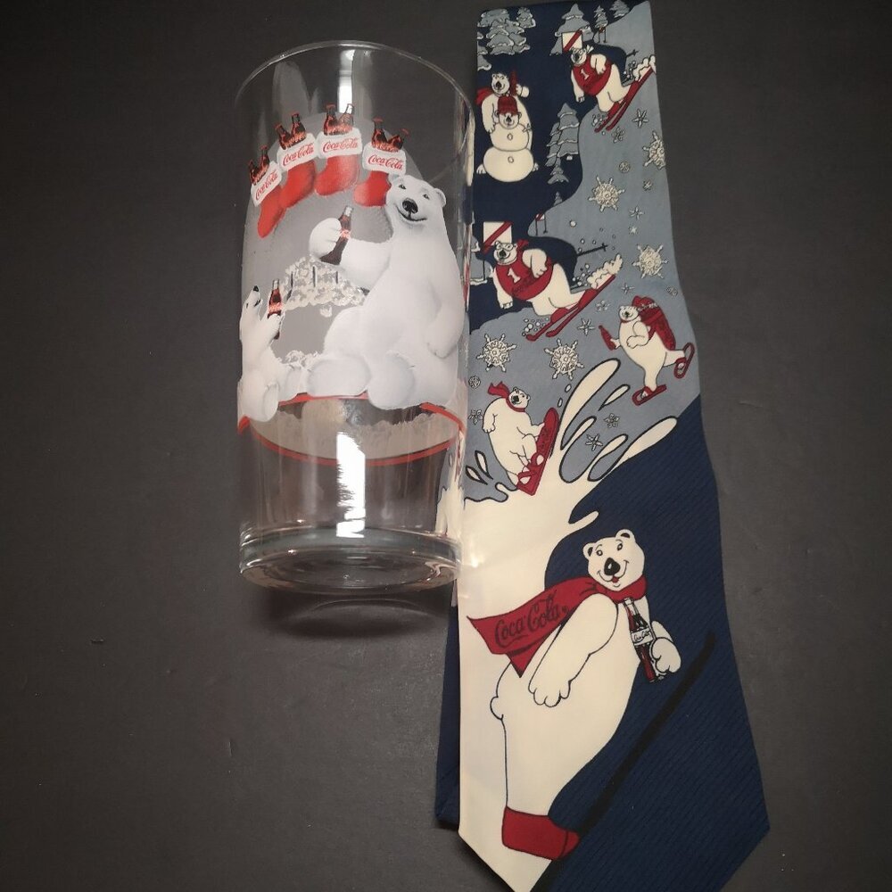 Vintage Collector Coca-Cola Glass & Tie Set w/ Always Cool Polar Bear Theme
